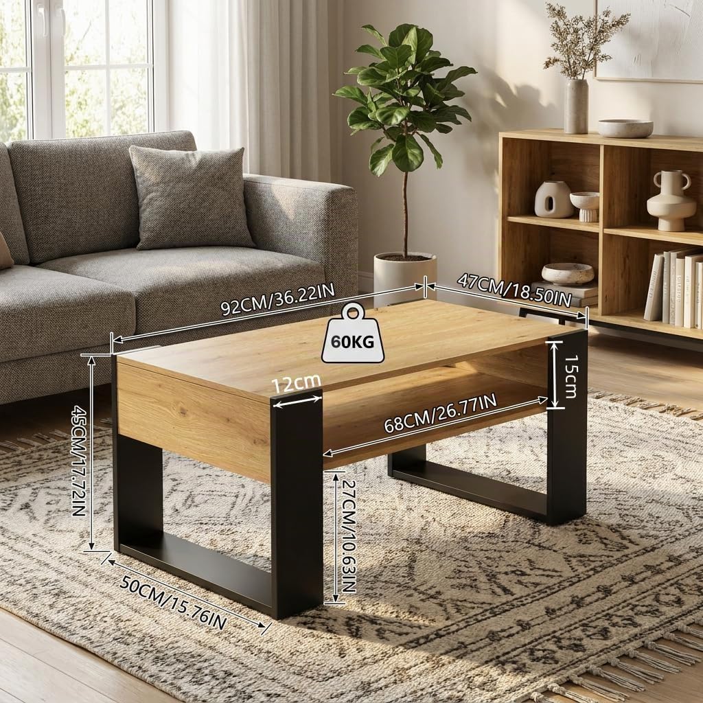 Mesa de Centro con LED y Espacio de Almacenamiento, Mesa de Salón de Madera, Moderna Mesa Baja Salon con Patas en Forma de U, para Salón, Rectangular, 92 x 47 x 45 cm, Madera y Negro