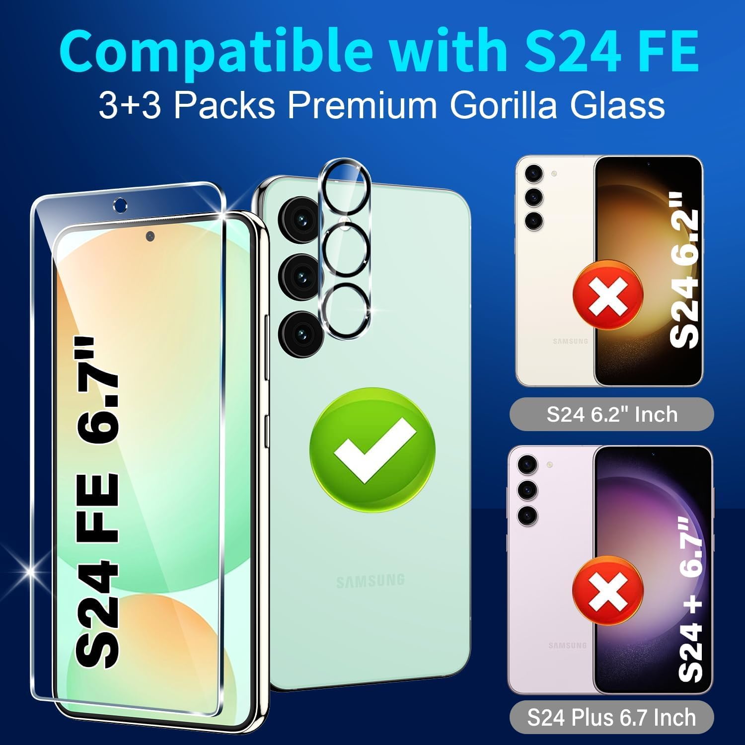 3-pak szklanych ochraniaczy ekranu do Samsung Galaxy S24 FE [17.0 cm] + 3 osłony obiektywu aparatu, szkło hartowane 9H, odblokowywanie odcisków palców, przezroczyste etui HD, odporne na zarysowania