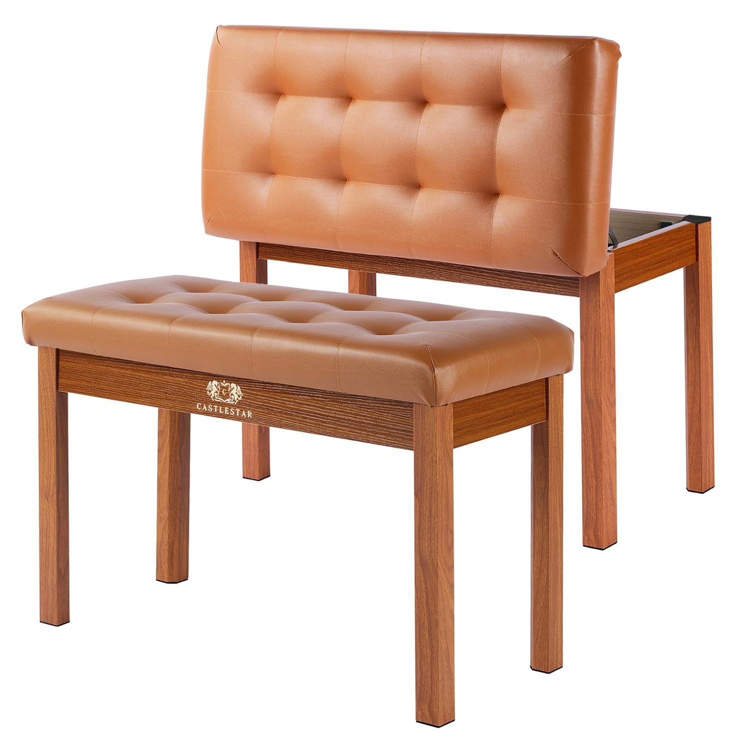 Photo 1 of Castlestar Premium Duet Piano Bench with Storage – 3 Inches Plush PU Leather Seat, Solid Wooden Legs, Comfortable Piano Seat for Two - Brown