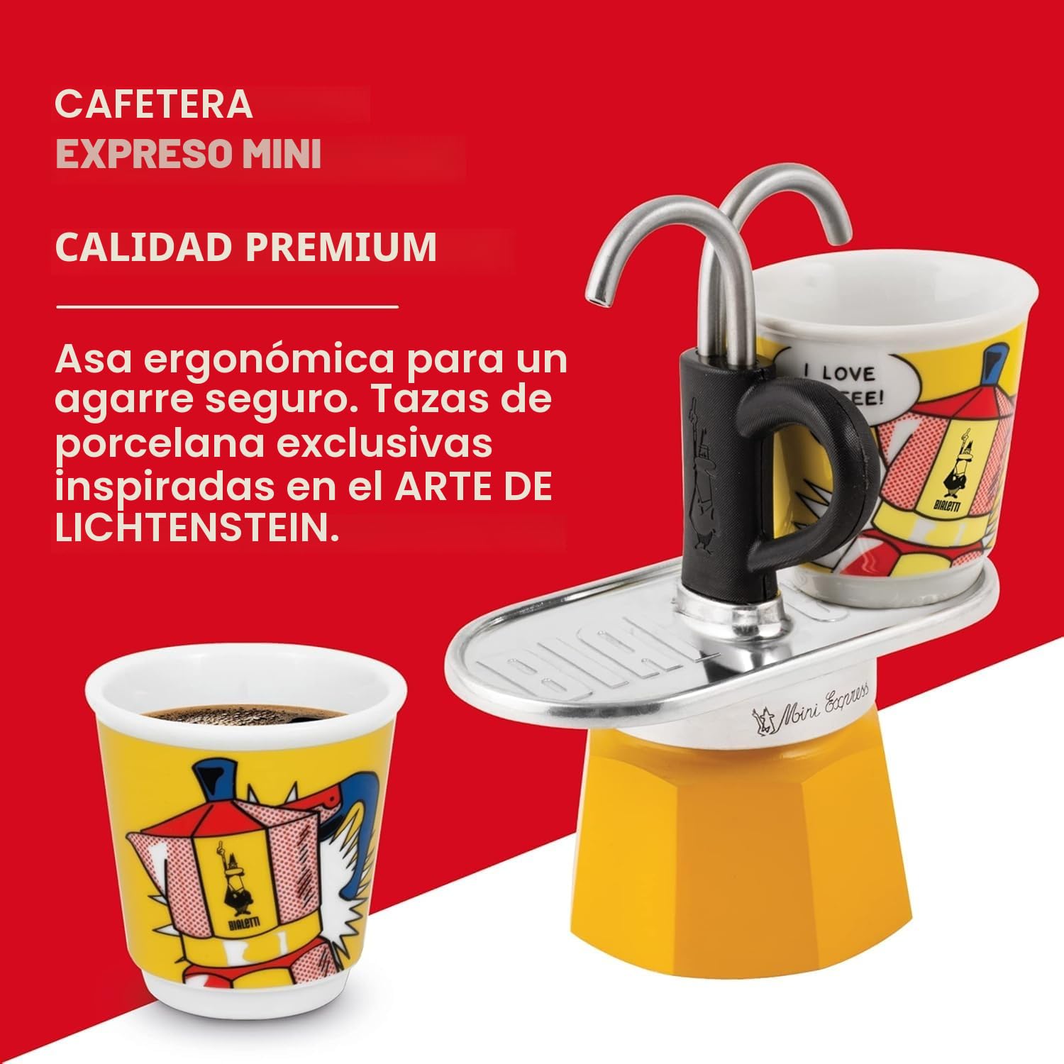 Bialetti Mini Express color amarillo, cafetera + 2 vasos