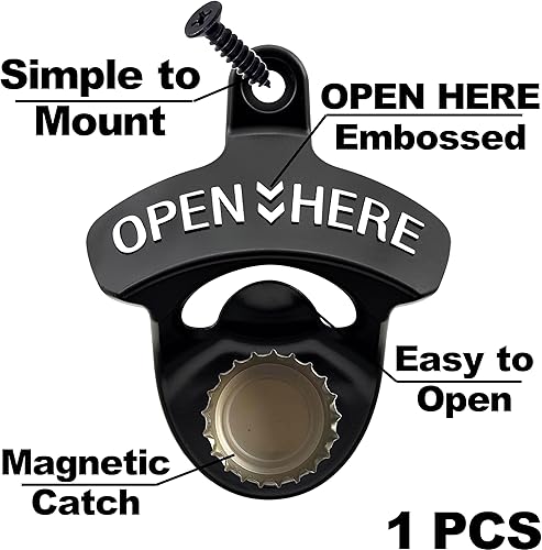 Miniatura 2 de Abrebotellas magnético de montaje en pared negro con blanco, abrebotellas de cerveza en relieve montado en poste con imanes para bar, hogar, cueva