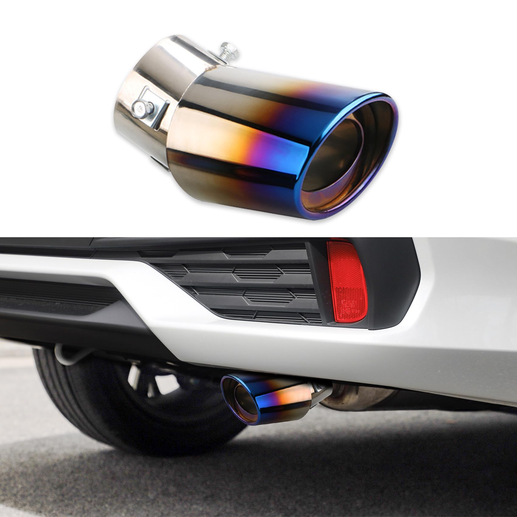 HEVLE Stainless Steel Car Exhaust Tip, Muffler Tip, 2.5" to 3.3" Adjustable Chrome-Plated Finish Exhaust Tailpipe, Universal Rolled Edge Exhaust Tail Tip for Vehicles Rear Tip Pipe (Blue, Bend)