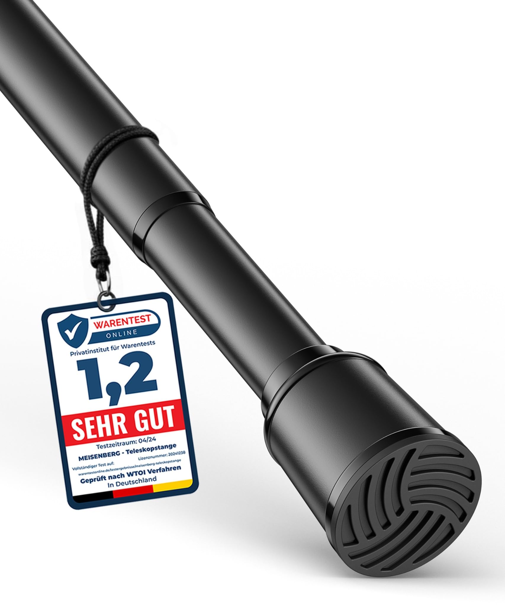 MEISENBERG Gardinenstange ohne Bohren 320-370cm, Schwarz, Ø 32 mm, Teleskopstange Balkon - Vorhangstange Klemmstange für Vorhänge, Dusche, Türöffnungen und Kleiderschrank