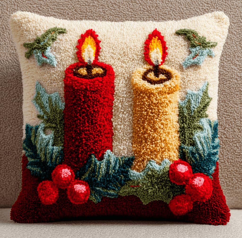 Kitquiver Latch Hook Kits for Adults Christmas Candles Rug Cover Pillowcase Beginner DIY Needlework Embroidery Kits Handmade Set Craft Sofa Home Decor 43X43Cm