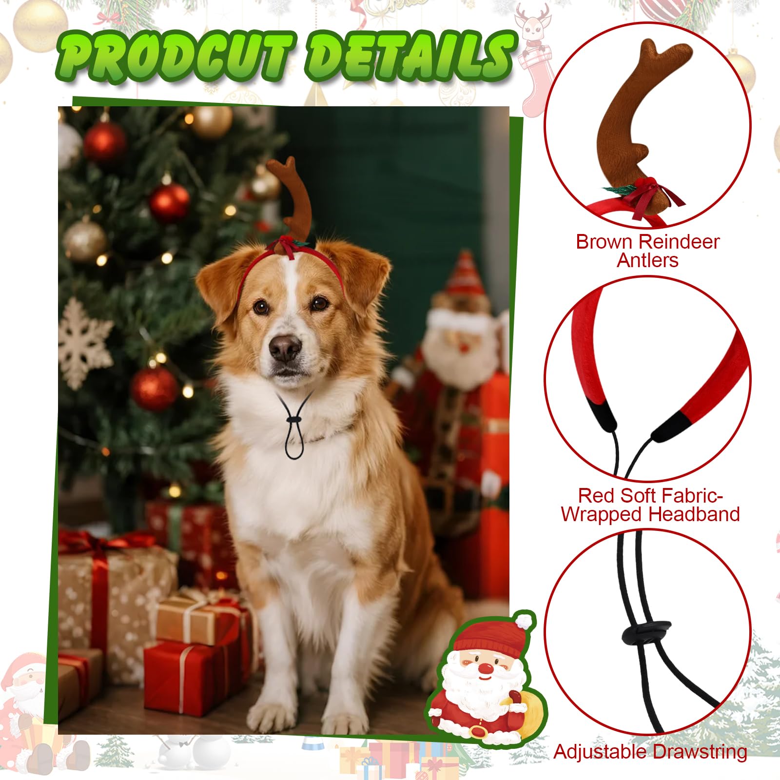 QKURT 2 Pack Dog Antlers Headband-Christmas Costume for Medium Large Dogs Pet Reindeer Accessories With Adjustable Elastic Band for Christmas & Halloween Party (Brown & Yellow - Image 3