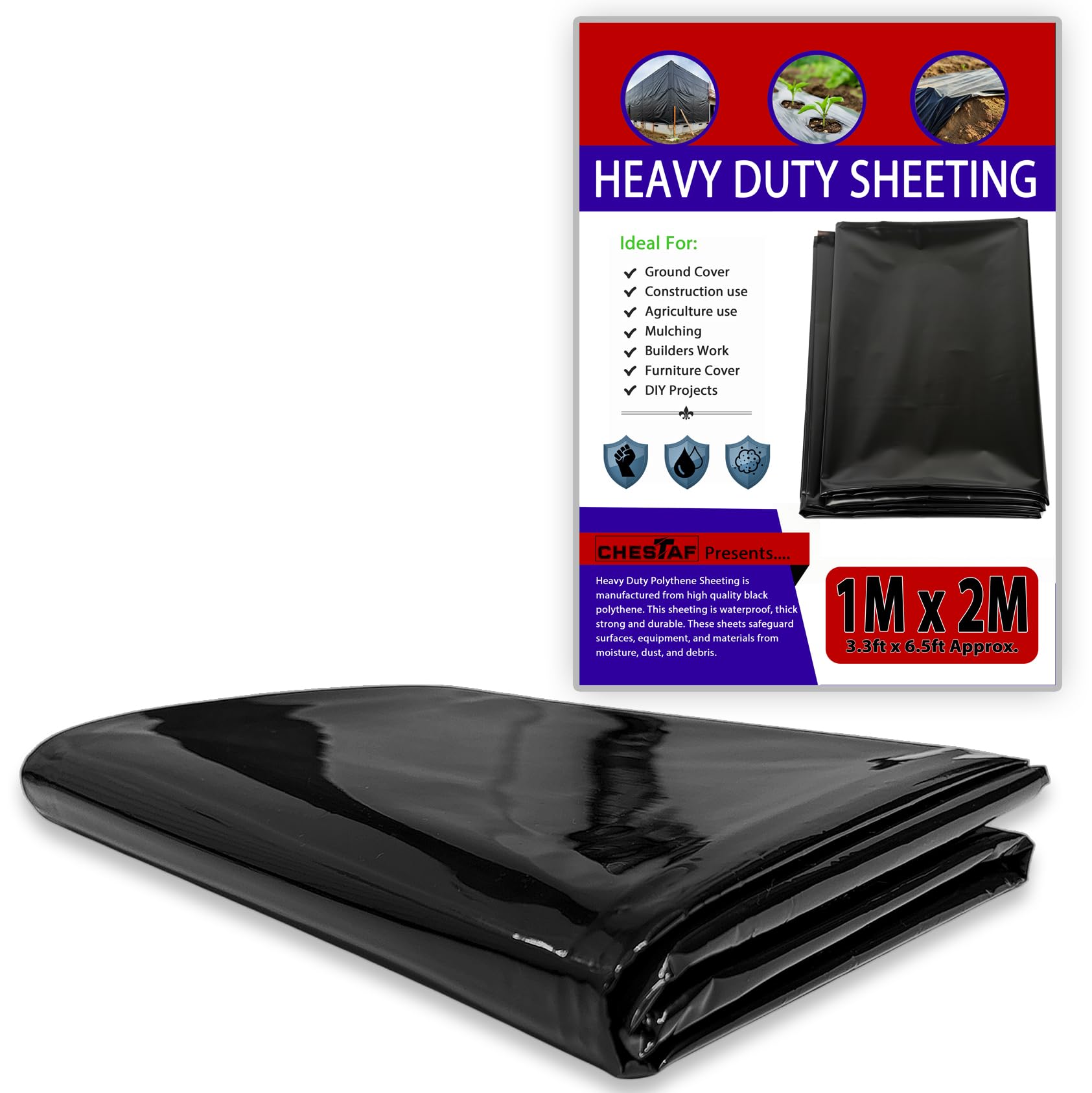 1M X 2M Black Plastic Sheeting Heavy Duty, 180G Thick Polythene Sheeting Garden Grow, Dust Sheet Waterproof Outdoor Cover, Large Construction Gardening Insulation, Building Rubble Protection