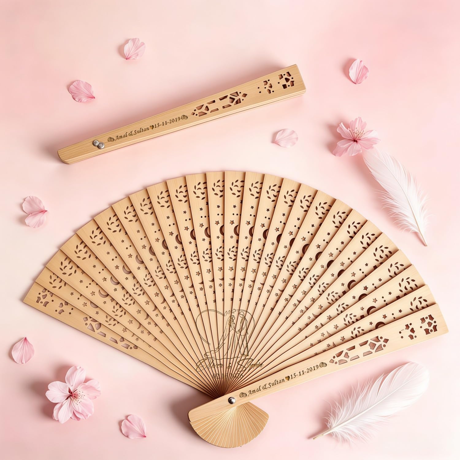 Personalized Wood Hand Fan, Custom Engraved Hollow Folding Fans for Wedding Guests, Party Favors Decoration for Baptism, Birthday, Bridal Shower, Anniversary(D,80PCS)