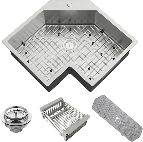 Corner Kitchen Sink, 25In Stainless Steel Drop In Sink Stylish And Modern Topmount Sink With Bottom Grid,Silicon Mat,Colander And Drain Assembly Nice Solution For Kitchen&Bar Corner