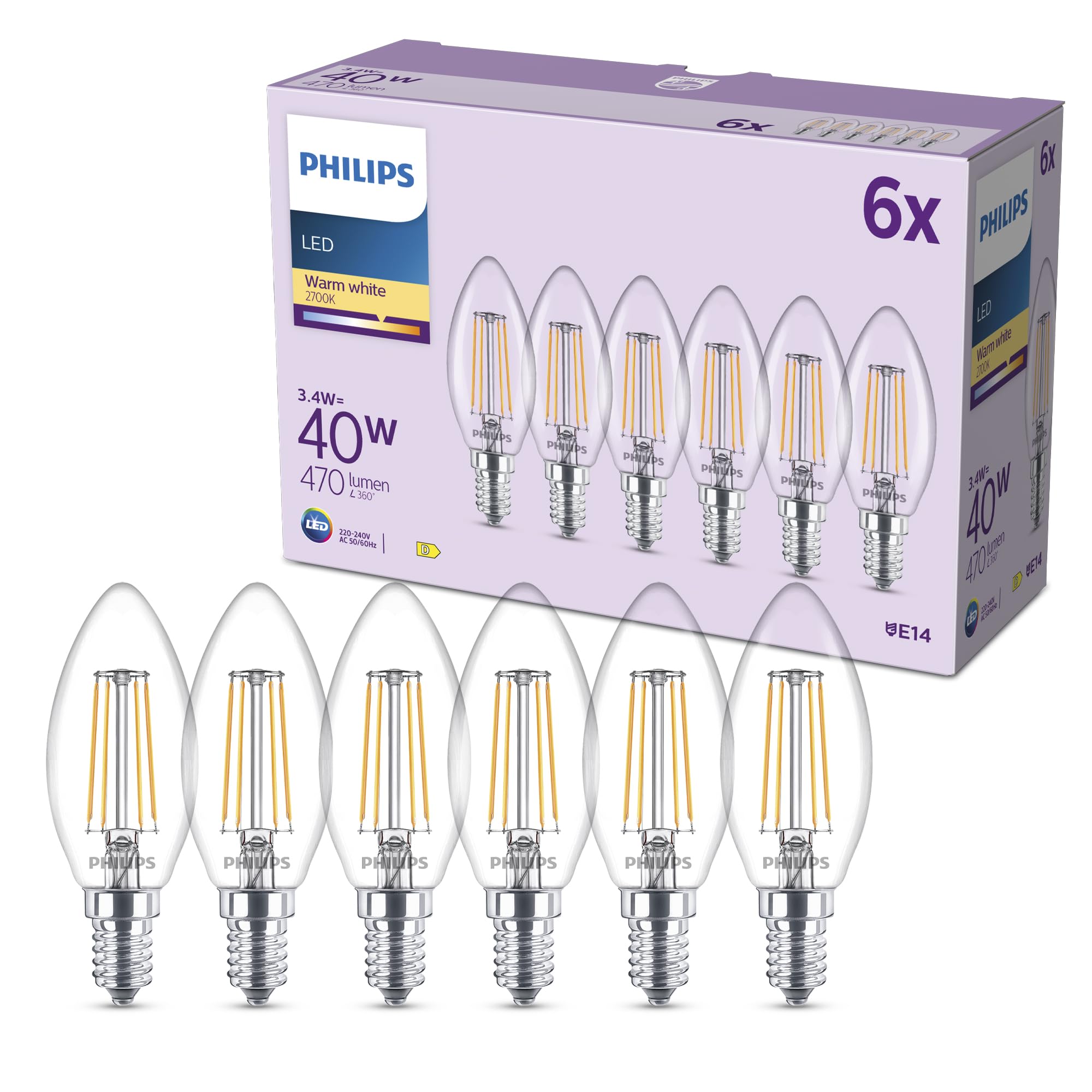 Philips LED Light Bulb, 6 Pack, B35, E14, 470 Lumens, 40W, Candle Design, Long Lifetime, Warm White Light 2700K, Clear Bulb