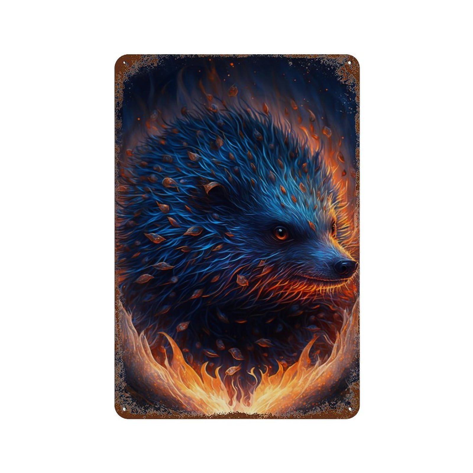 Garage Style Flaming Hedgehog Artwork Rusty Metal Tin Sign 11.8"x7.9", Classic Wall Plaque for Bar And Workshop