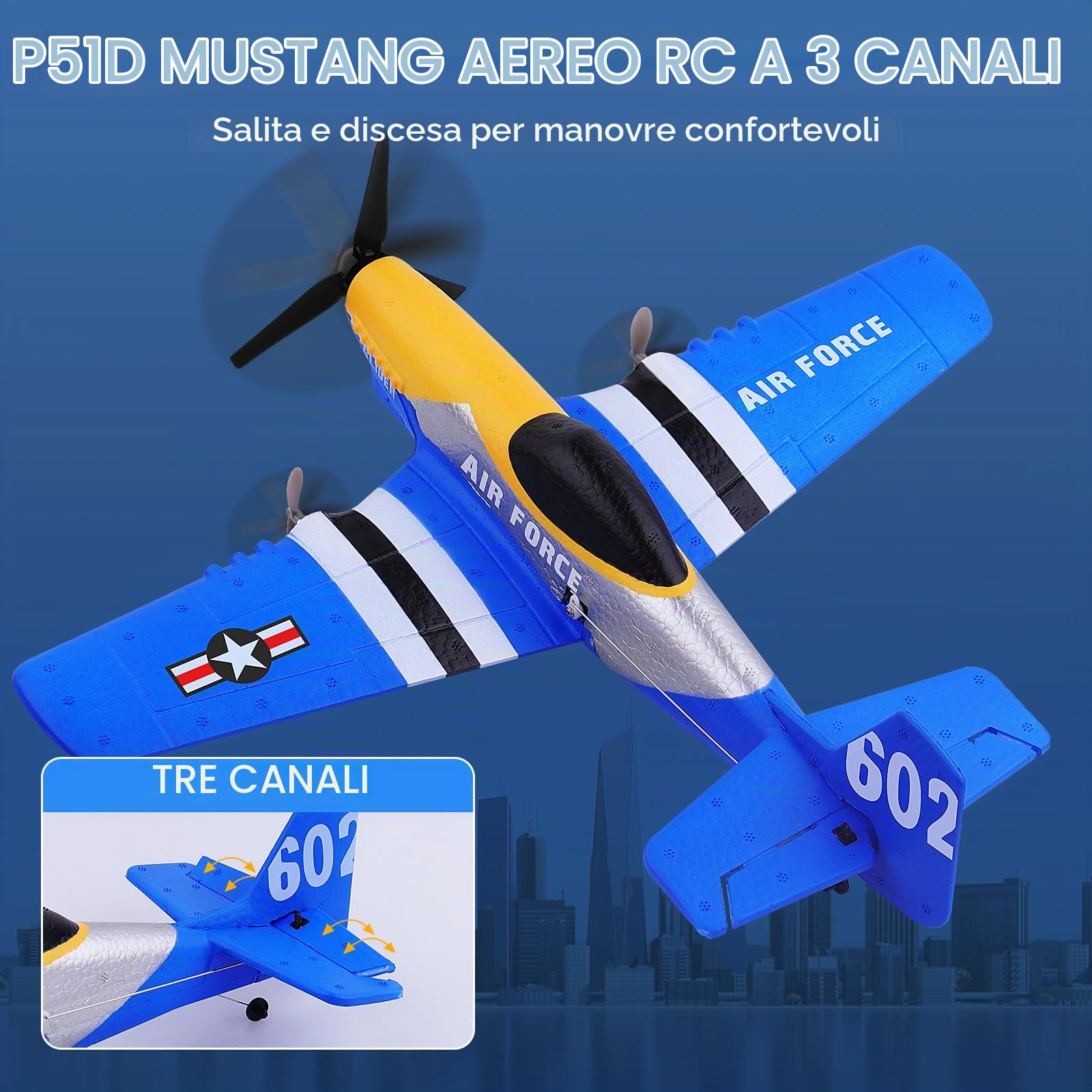 Henakmsl Aereo Telecomandato 3CH, P51D Mustang Fighter RC 2.4 Ghz Con 2 Batterie, Radiocomandato RTF per Bambini/Adulti/Principianti