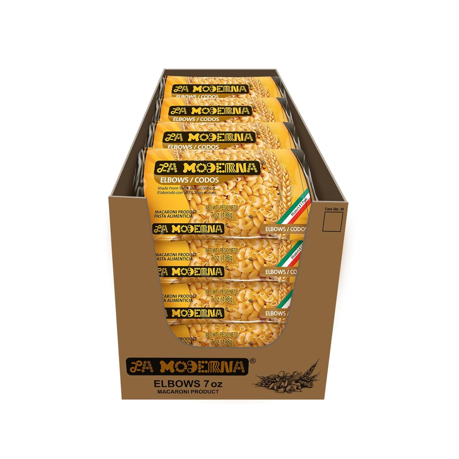 LA MODERNA, Codos, Pasta, Hecha con Sémola de Trigo Durum, Enriquecida con Vitaminas y Hierro, 7 oz, Pack de 20