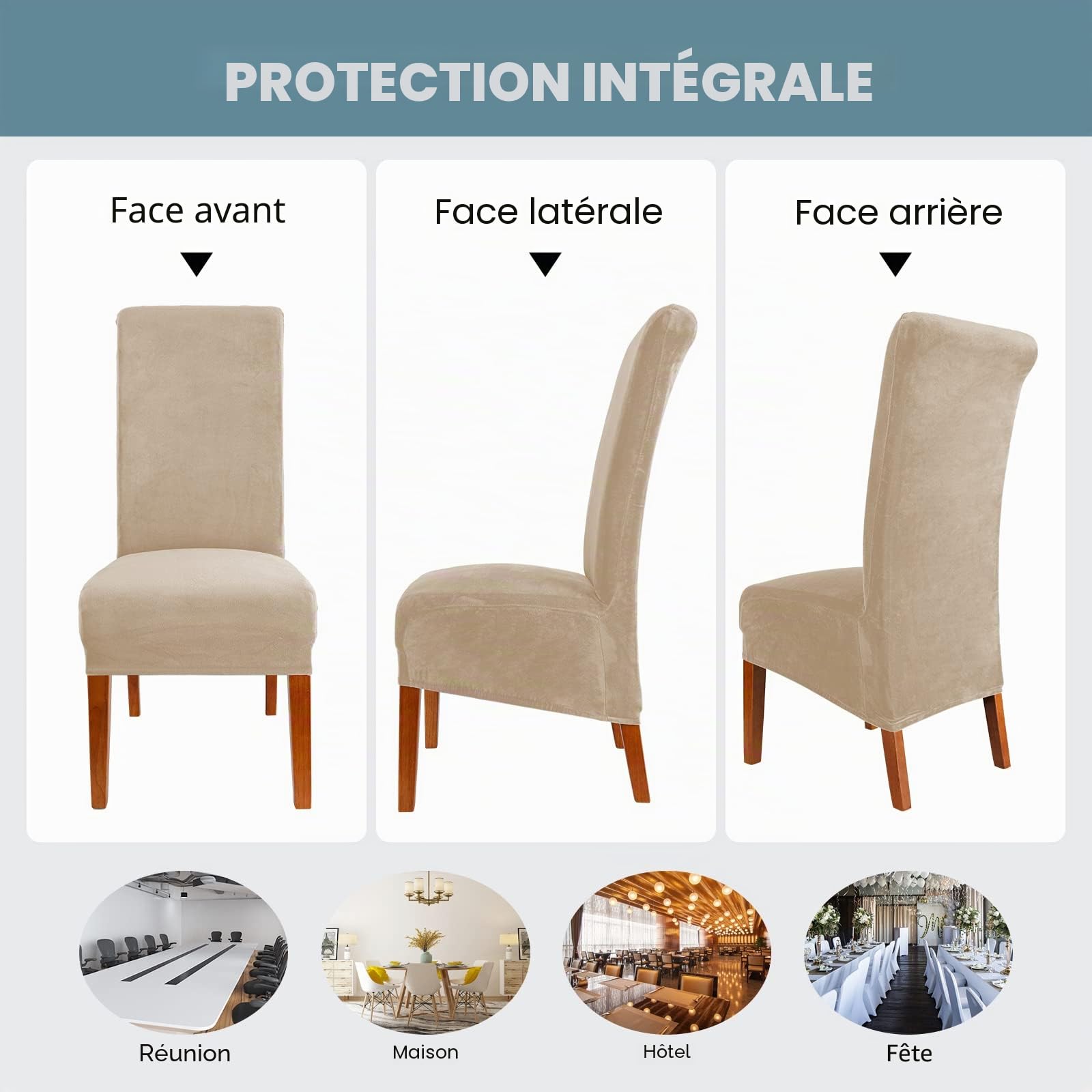 CMAKER Lot de 6 housses de chaise de salle à manger en velours extensible avec dossier haut en élasthanne élastique lavable amovible XL Beige