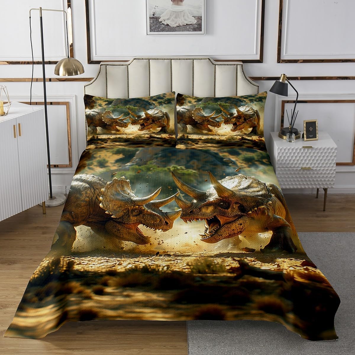 Erosebridal Dinosaur Bedspread Set King Size for Boys Men,Ancient Animals Bedding Set for Child Boys Girls,Natural 3D Dino Wildlife Coverlet Set,Jungle Wild Animals Bed Set,Brown