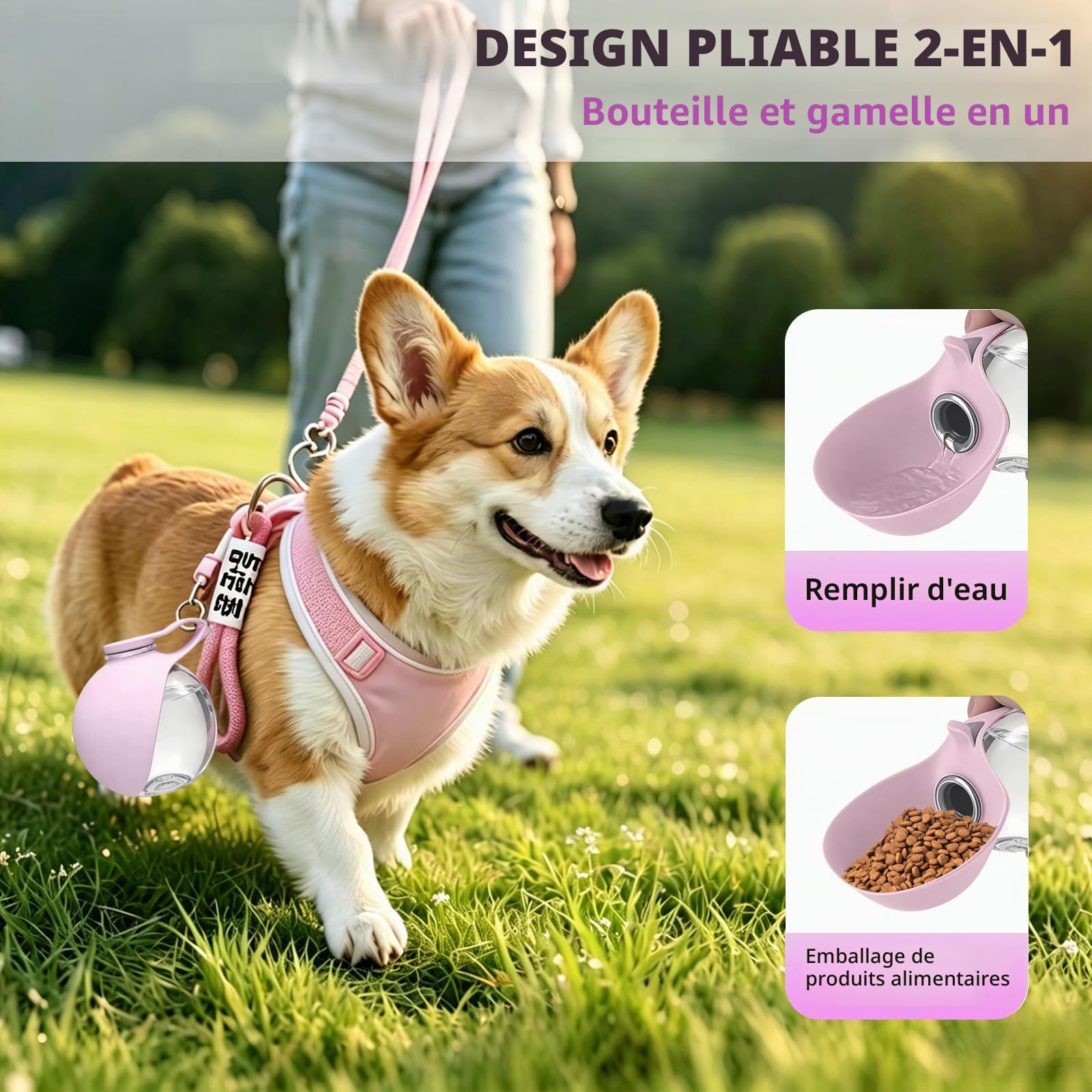 Gourde pour chien en déplacement, 285 ml, avec gamelle en silicone pliable, design anti-fuite, récipient transparent, légère, randonnée, voyage, sans BPA, rose