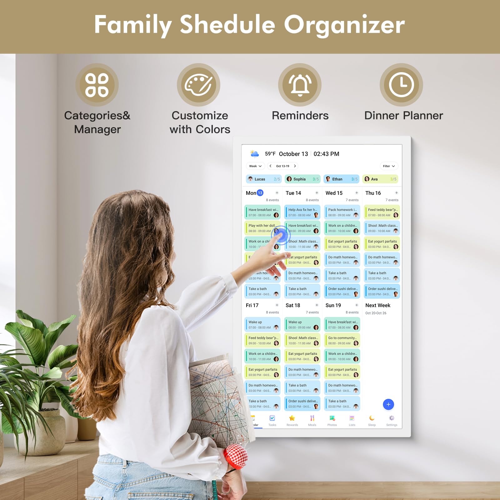 Calendrier numérique pour planificateur de repas familial – Écran tactile interactif de 68,6 cm – Calendrier intelligent pour liste de choses à faire en famille, double WiFi, synchronisation