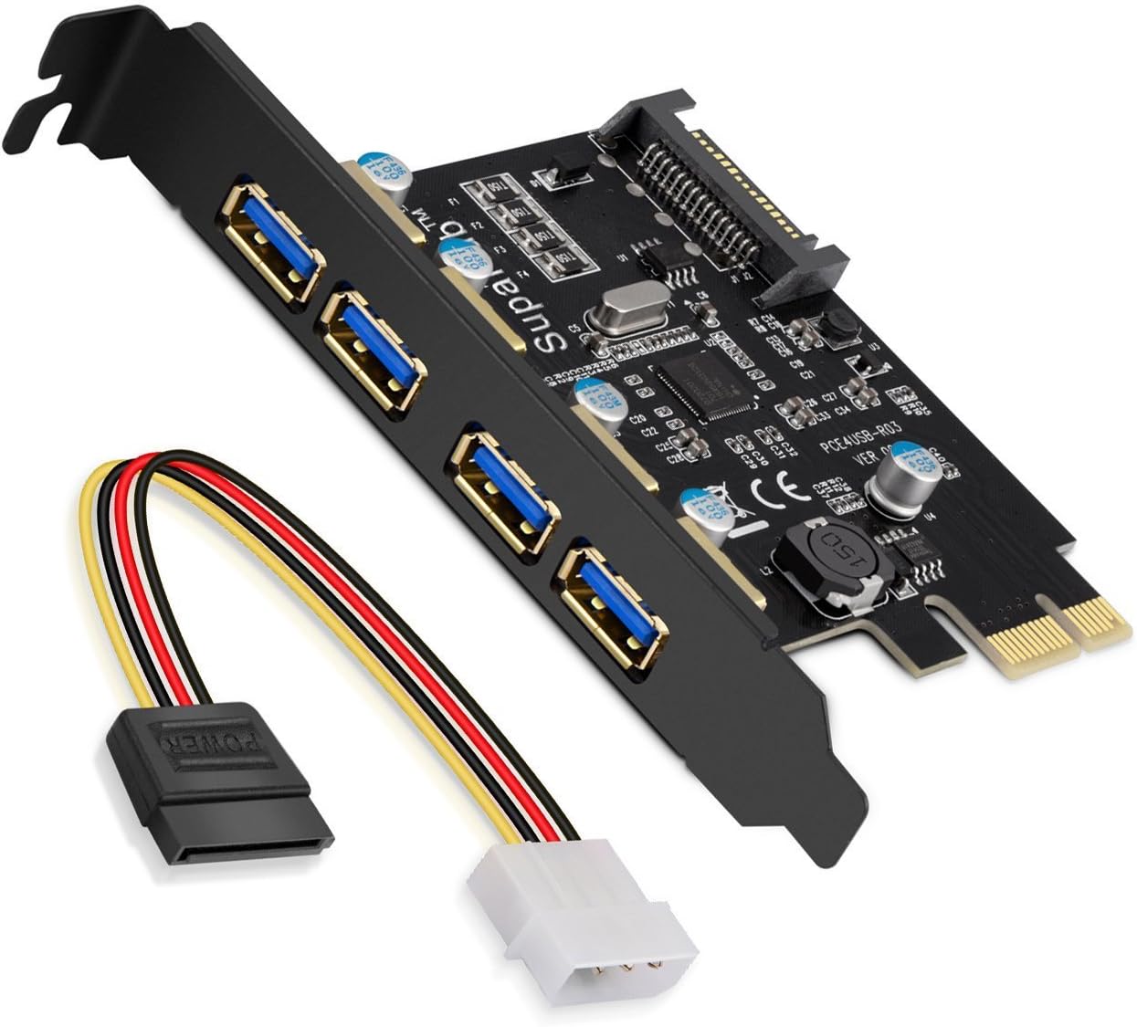 PCI-E to USB 3.0 4-Port PCI Express Expansion Card, Windows XP, Vista, 7, 8, 10, Includes Driver and SATA 15-Pin Power Connector，2018 Version