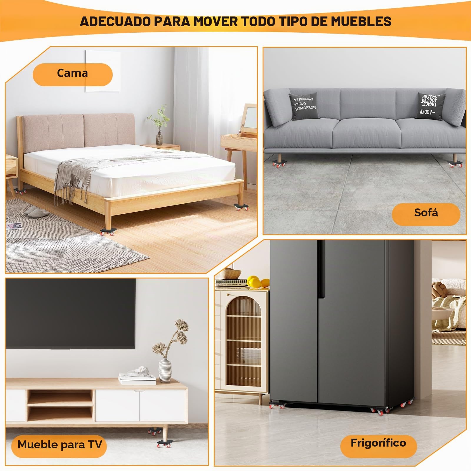 Juego de Transporte de Muebles, Elevador de Muebles de Servicio Pesado con Extensión de 330 mm, 4 Ruedas de Transporte y 4 Reguladores de Altura, Carga Máxima 400kg, Giratorio 360° para Transporte