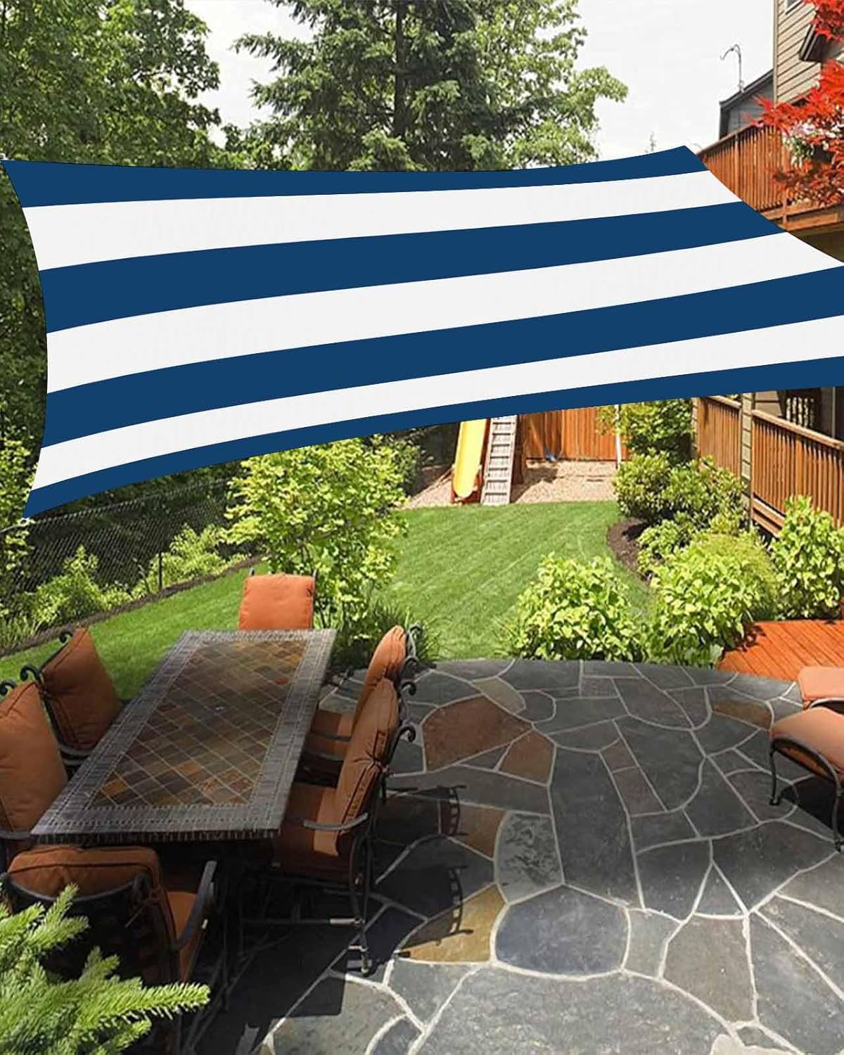 Sun Shade Sail 8'x10' Navy Blue White Stripe Rectangle Sun Shade Sails Canopy Waterproof Simple Style Striped Outdoor Sunshades Sand UV Block Cover Shades Cloth for Patio Backyard Garden Deck Lawn