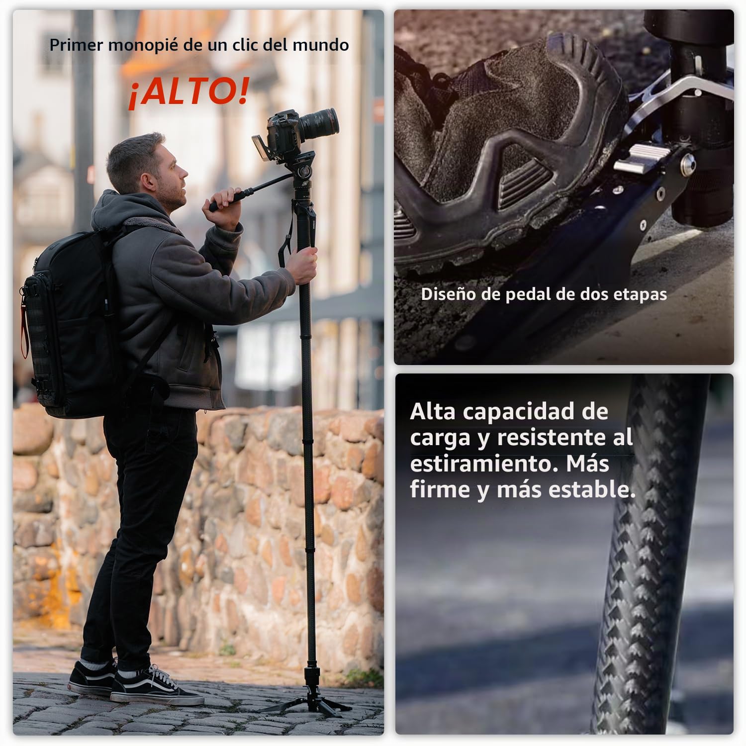 COMAN - Monopié de Fibra de Carbono con elevación en un Clic, monopié para cámara de 175 cm con Patas, trípode de Viaje Ligero con Placa de liberación rápida para cámara, DSLR,Carga máxima de 10 kg