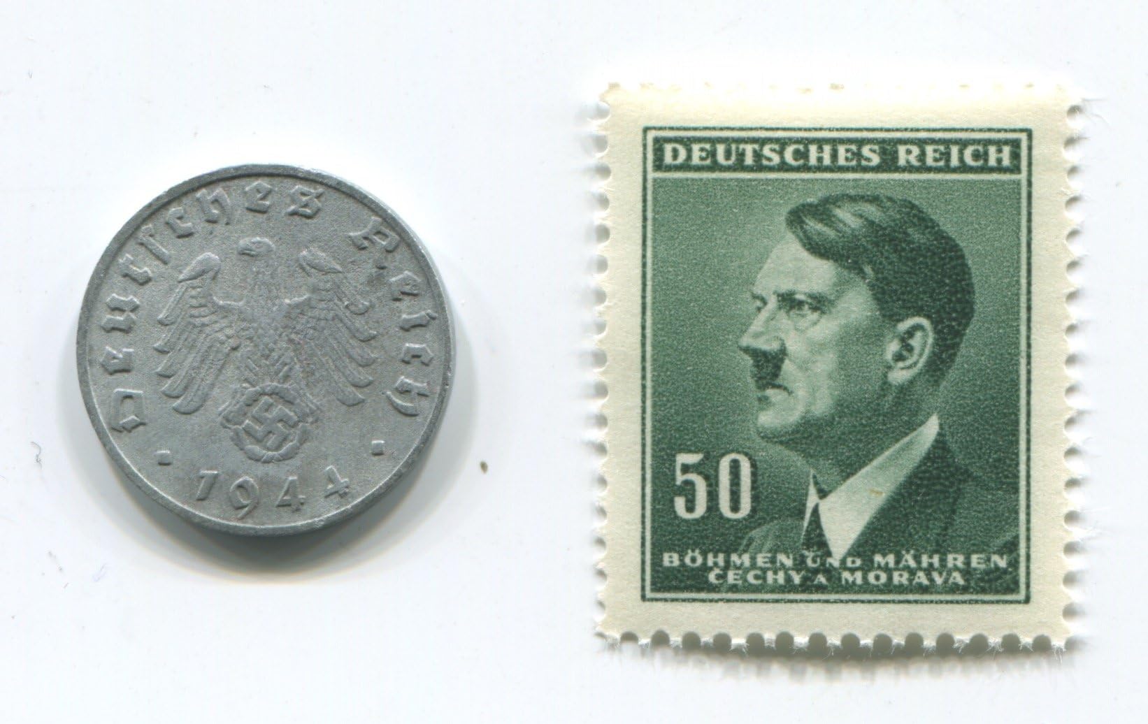 Rare Nazi Swastika 1 Reichspfennig German Coin World War Two WW2 with Green Stern Hitler Stamp MNH