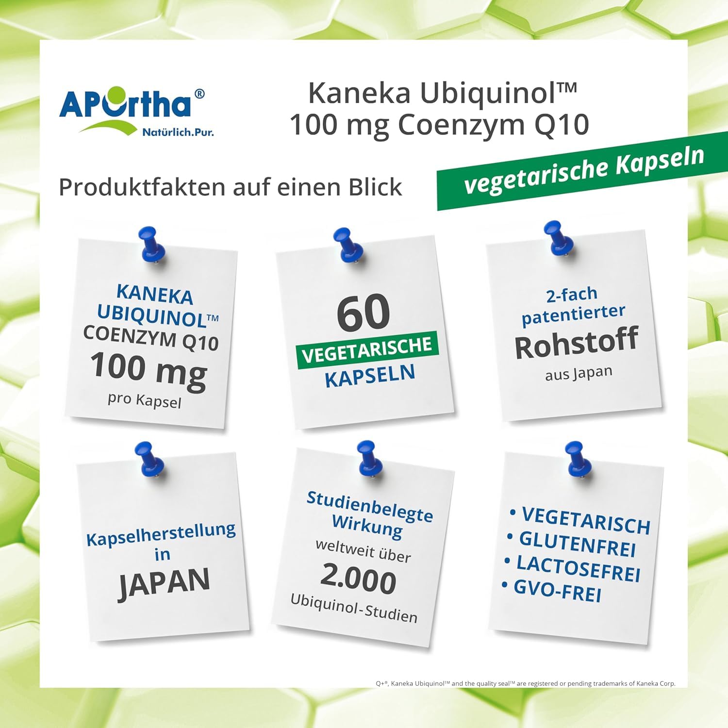 APOrtha Kaneka Ubiquinol Coenzym Q10 100 mg 60 vegetarische Kapseln, CoQ10 Kapseln hochdosiert 100mg, Hohe Bioverfügbarkeit durch bioaktives Ubiquinol, 2-fach Patentierter Rohstoff