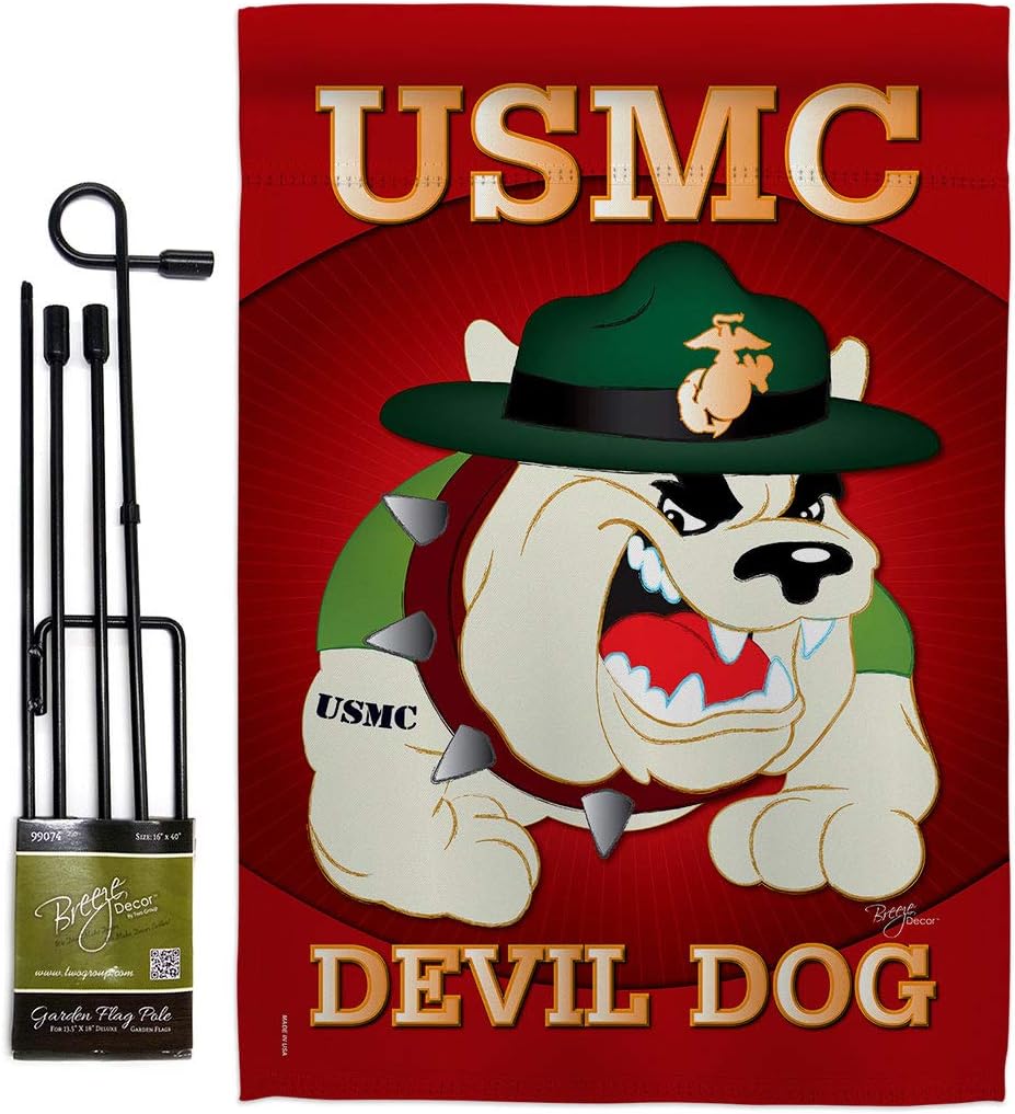 Devil Dog Garden Flag - Set with Stand Armed Forces Marine Corps USMC Semper Fi United State American Military Veteran Retire Official - House Banner Small Yard Gift Double-Sided 13 X 18.5