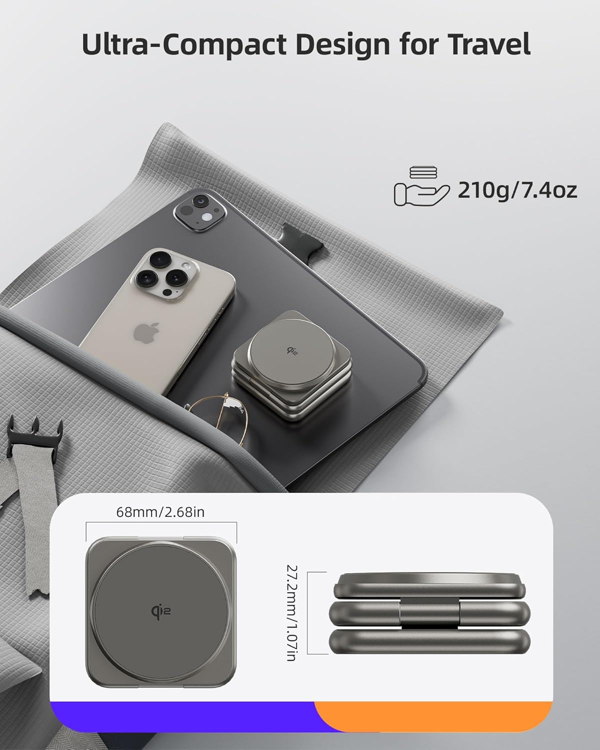 Qi2-Certified 15W Magnetic Foldable Charger, KU XIU X40Q 3 in 1 Wireless Charging Station for Apple, Aluminum Alloy Travel Charger Stand for iPhone 17/16, 5W for Apple Watch, AirPods, Natural Titanium