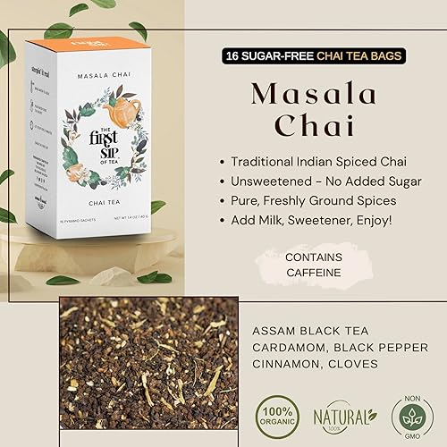 Miniatura 3 de Masala Chai - Bolsas de té negro sin azúcar, alta cafeína, té negro tradicional indio especiado con cardamomo, canela, hinojo - 16 tazas  The Spice