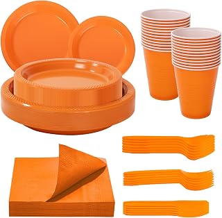 WELLIFE 210Pcs Orange Disposable Plates,Orange Plastic Plates for Party | Party Plates for 30 Guest,Party Plates and Cups and Napkins Sets,Party Supplies, Orange Disposable Plates