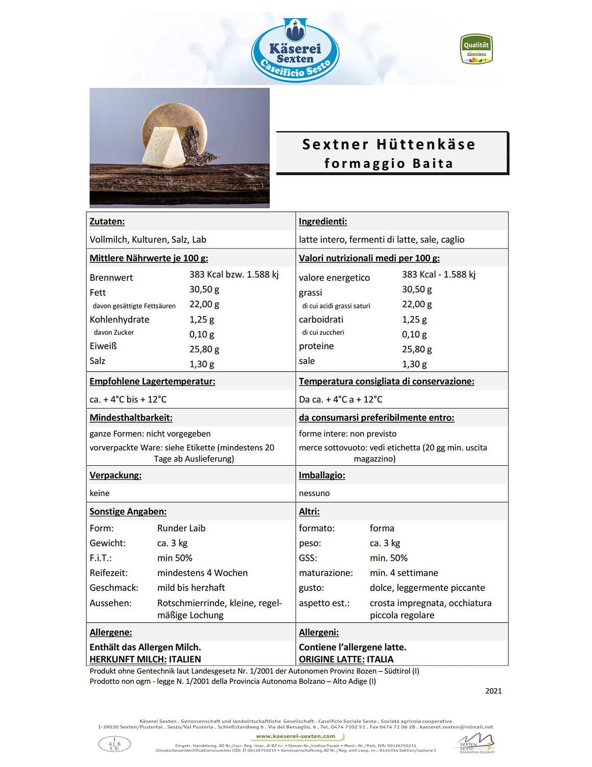 Sextner Hüttenkäse ganze Form ca. 3,3 kg. - Käserei Sexten