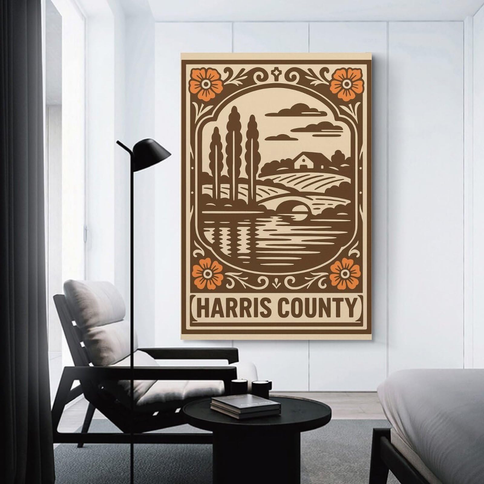 Junmoney Harris County Landscape Illustration Hanging Wall Art 20x30inch(50x75cm), for Work Areas, Reading Rooms Or Studios, Canvas Wall Decor for Creative Rooms