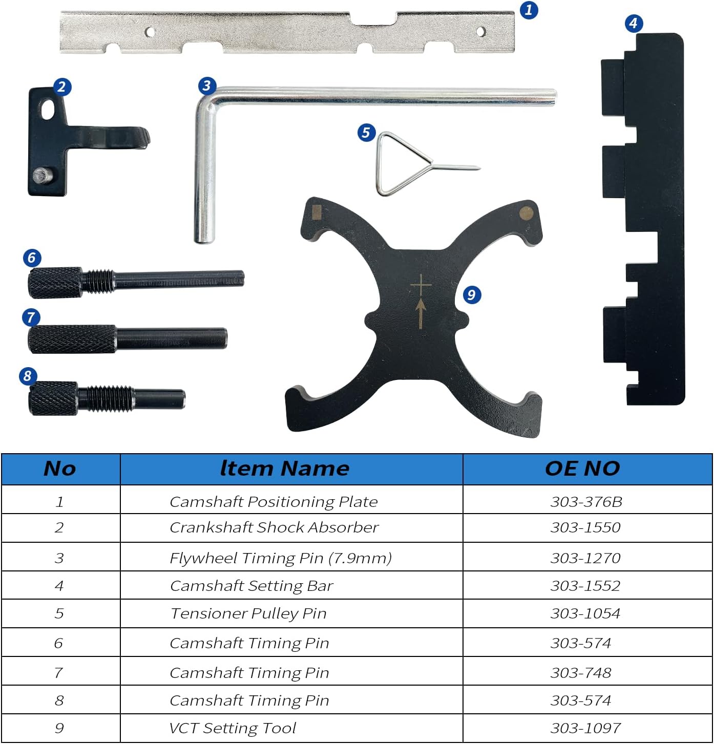 9Pcs Engine Camshaft Alignment Timing Tool Kit, Timing Tool Kit Compatible with Ford Focus Fiesta Mazada 1.5 1.6 VCT, Camshaft Flywheel Locking Tools 303-1097