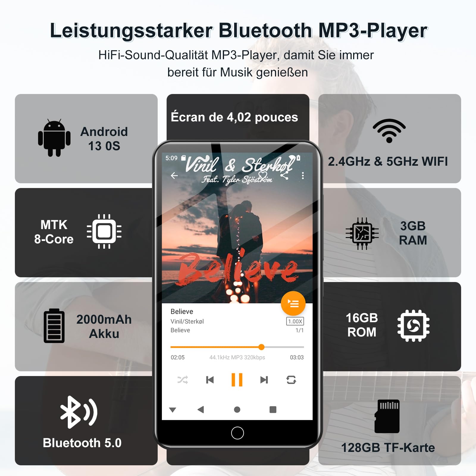 144GB MP3 Player Spotify mit WiFi und Bluetooth, Android MP4-Player für Kinder, 4.02 Zoll Touchscreen Musikplayer mit Audible, Amazon Music und Play Store
