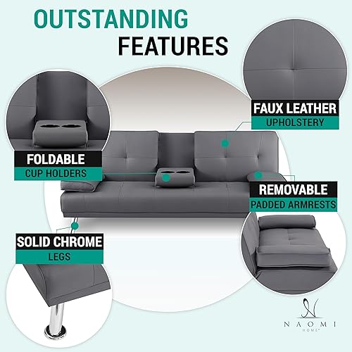 Miniatura 4 de Naomi Home Diseño de perfil bajo: sofá cama plegable convertible para sala de estar, sofá futón tapizado de piel sintética con reposabrazos, patas