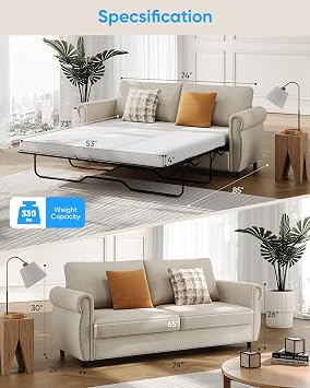 2 in 1 Sofa Bed, Full Size Linen Fabric Pull Out Couch with Folding Foam Mattress, Convertible Loveseat Sleeper Sofa with Nailhead Trim for Living Room, Bedroom, Apartment-Beige