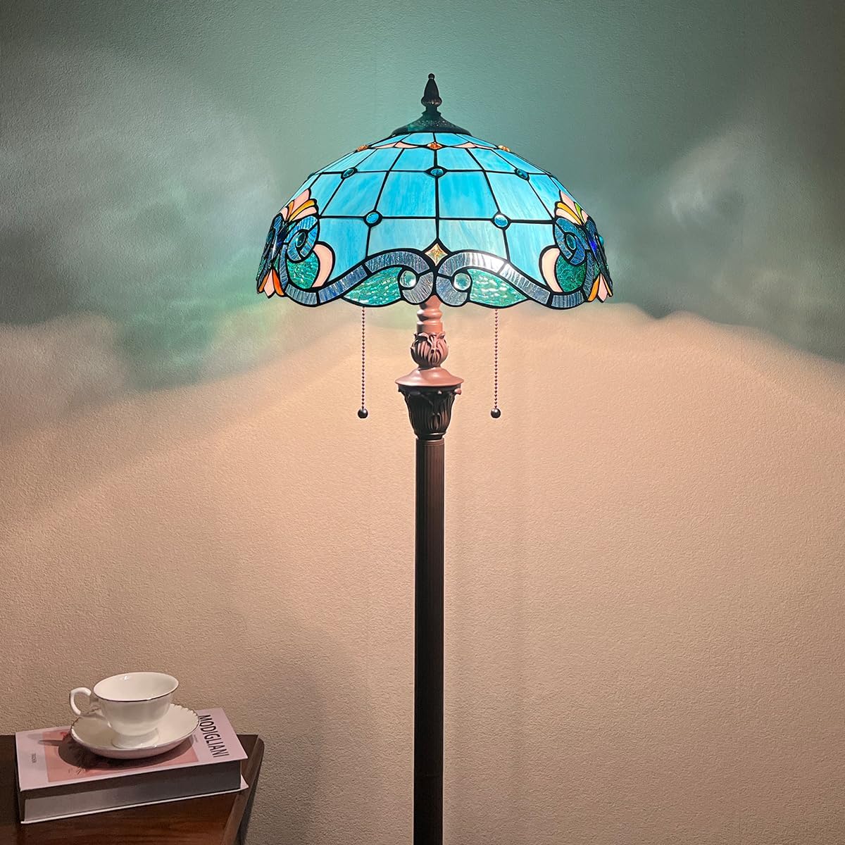 Tiffany Floor Lamp for Living Room,16 inch Blue Stained Glass Tall Standing Pole Lamp for Reading,Antique Style Floor Light for Bedroom Office
