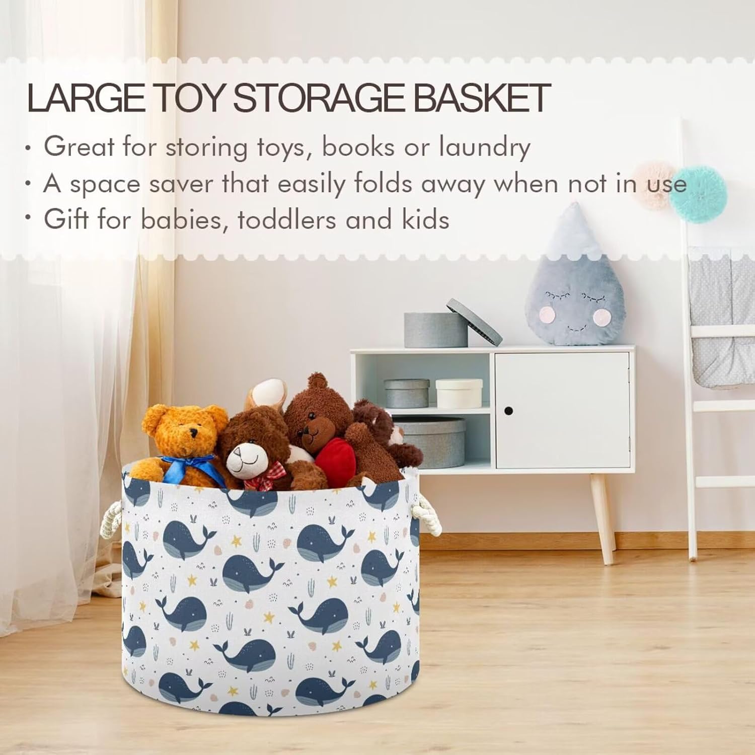 Sea Blue Whale Print Round Storage Basket Ocean Animal Large Laundry Hamper 20 x 20 x 14 Inches Organizer Bin with Cotton Rope Handles Clothes Storage Bag for Nursery Bedroom Living Room Decor