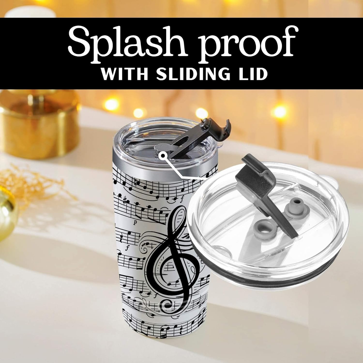Onebttl Music Lovers Gifts - Black Music Notes Insulated Tumbler with Straw, Lid - 20 oz/590 ml Stainless Steel - Musical Gift for Him or Her - Image 5