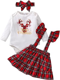 Momolaa Infant Girls Long Sleeve Christmas Letter Deer Printed Romper Bodysuit Plaid Suspender Skirts Headbands Outfits with Headband Girl