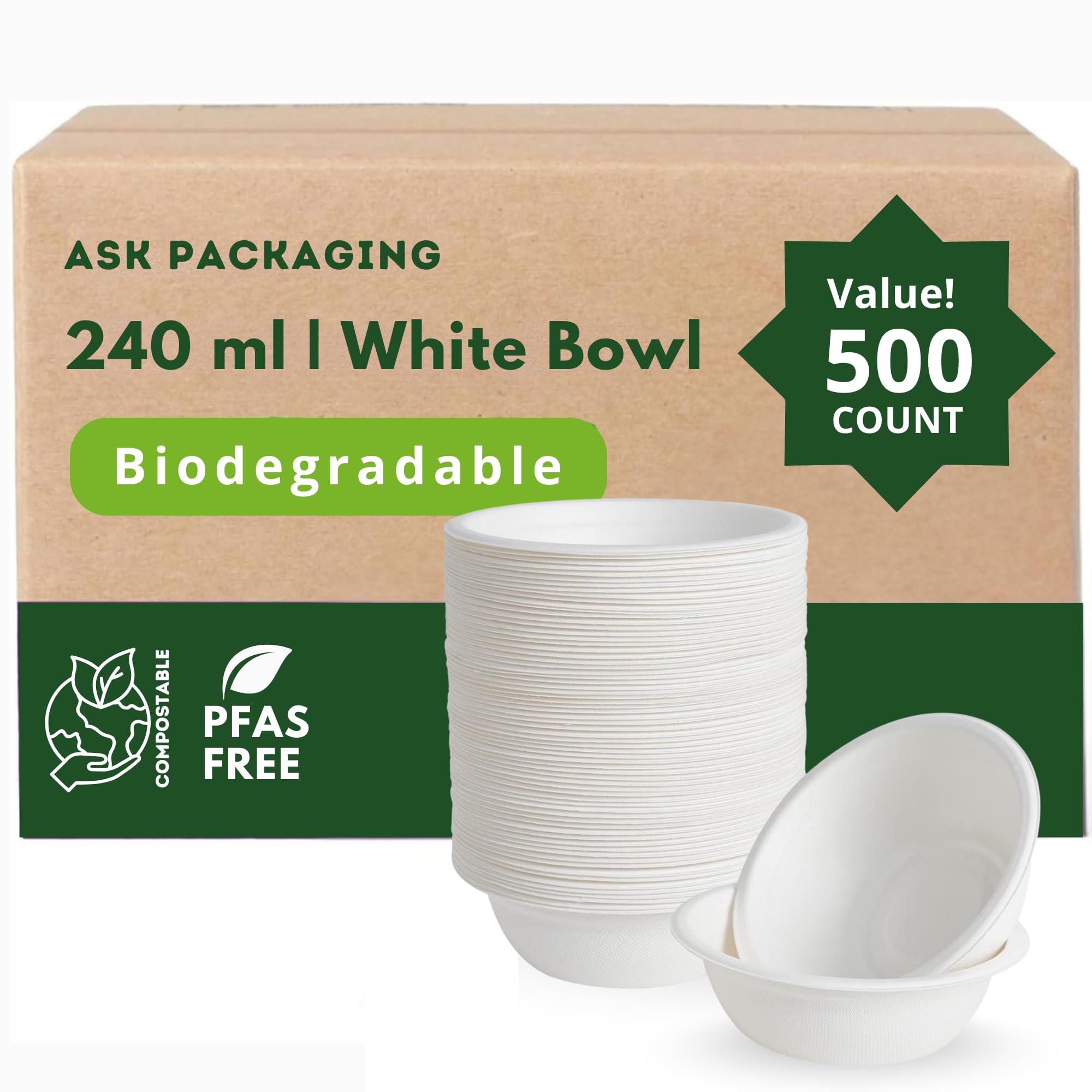 Strong Bagasse Paper Bowls (240 ml / 500 Pack) Disposable White Sugarcane Bowl - (4.5 x 1.77 in) Compostable Biodegradable Microwavable Soup Bowls, Salad & Dessert Bowls for Parties & Events — image 1