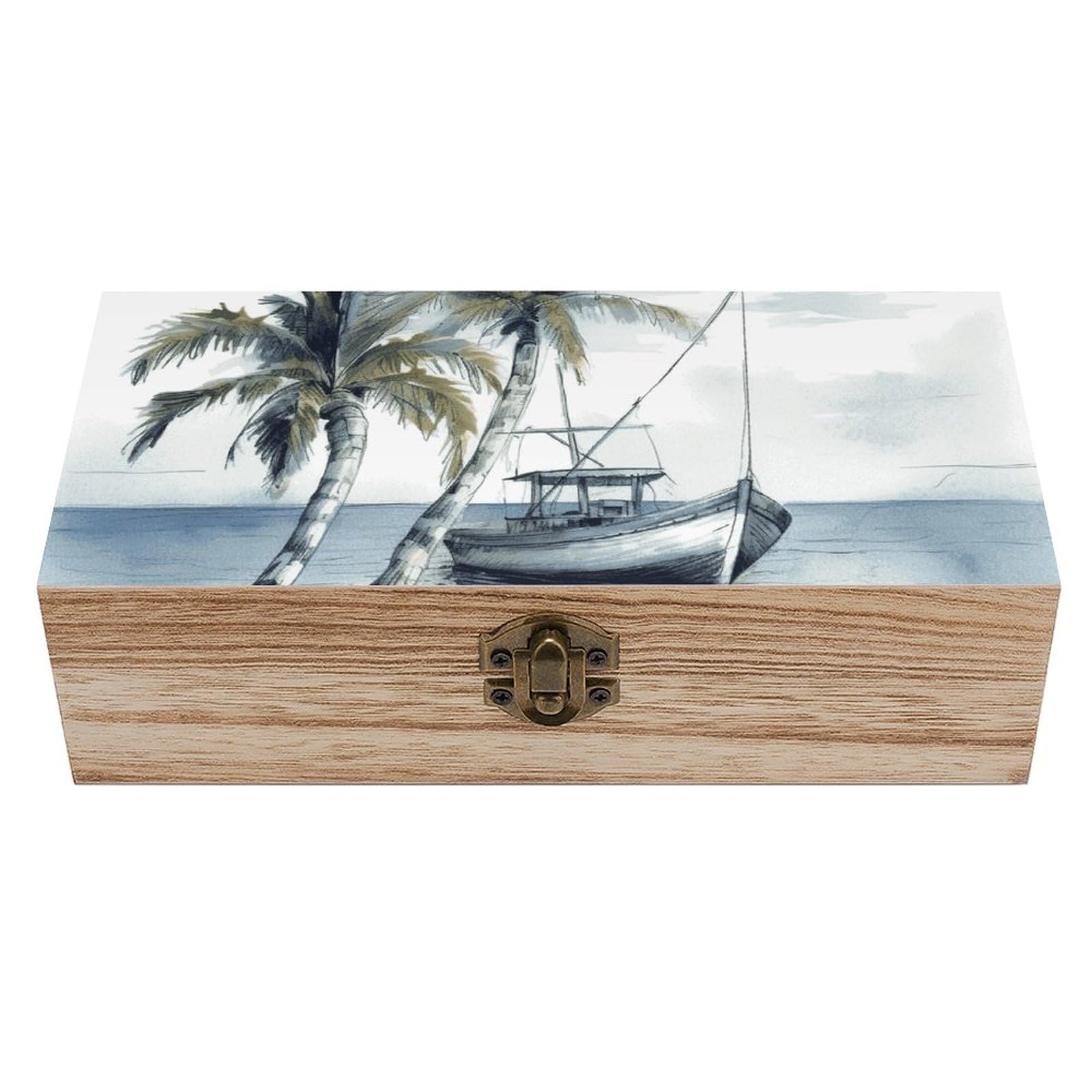 Boîte de rangement en bois pour bijoux, coffret à couvercle bateaux de pêche et souvenirs
