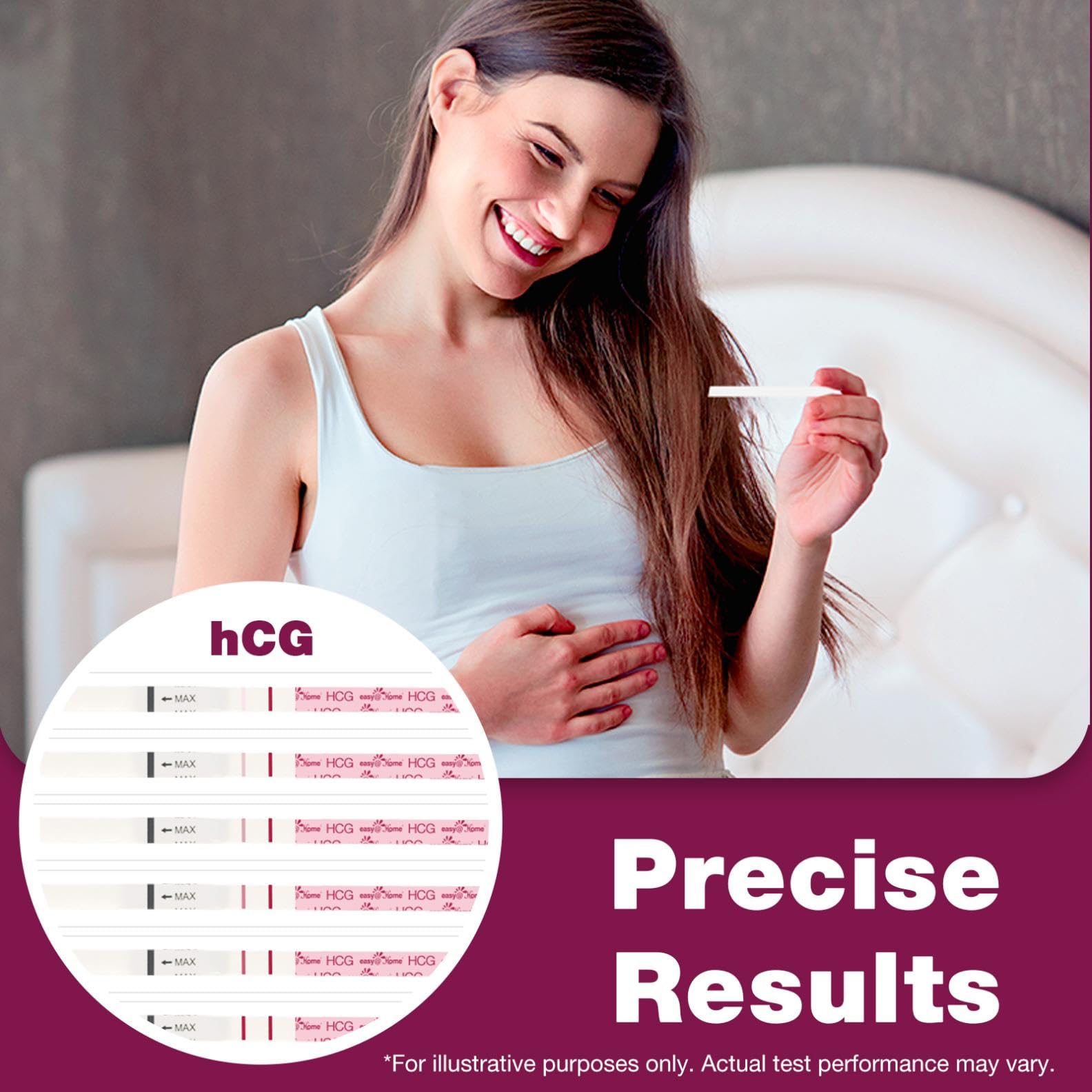 Easy@Home 10-pack pregnancy test strips laid out, showcasing individual packaging and simple design.