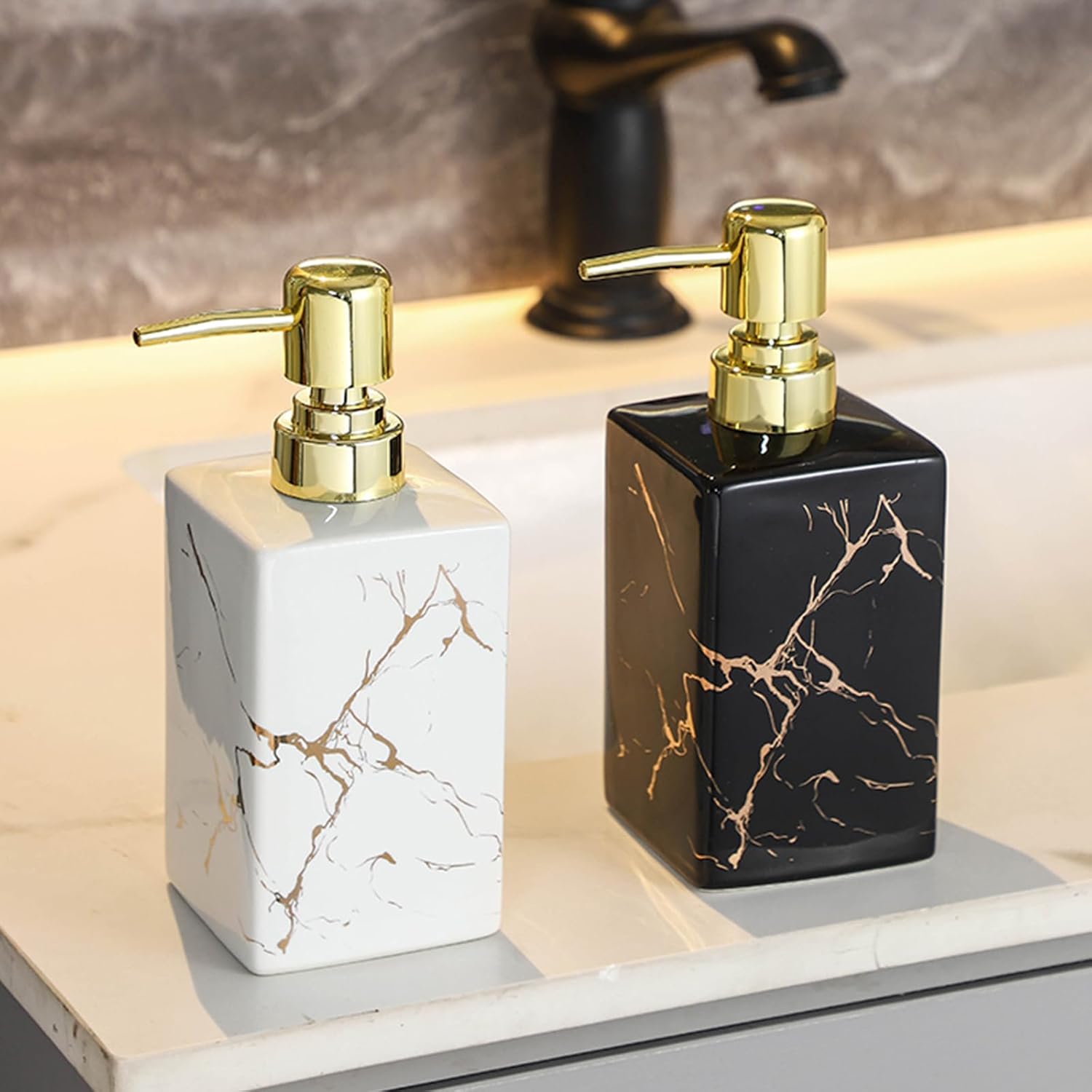 Premium White Marble Ceramic Soap Dispenser – 10oz Square Refillable Bottle with Golden Pump for Bathroom, Kitchen, Vanity, or Office (White) - Image 9