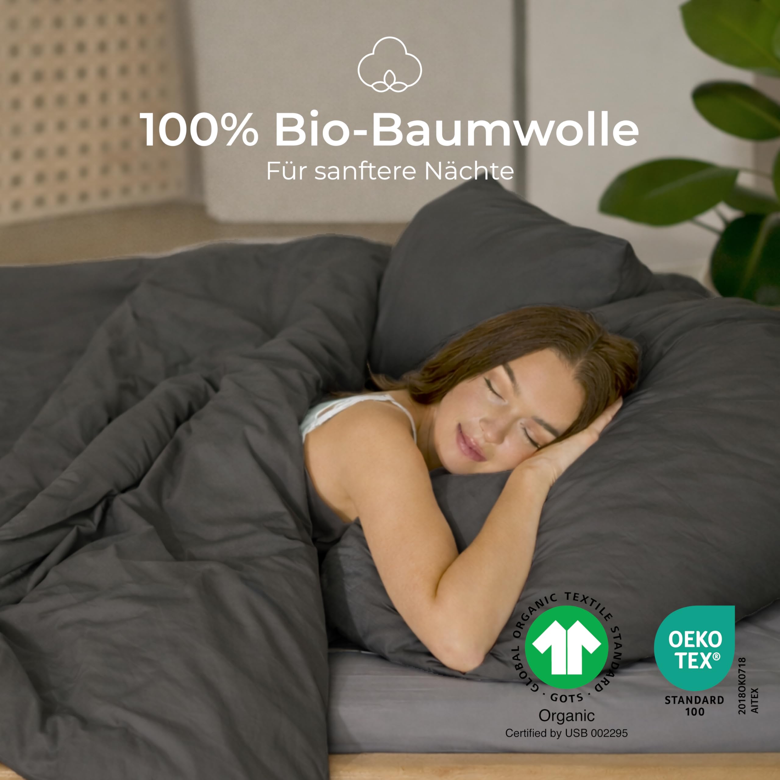 Dreamzie Bettwäsche 135x200 100% Baumwolle 4teilig mit 2 Kissenbezüge 80x80 cm - Bio-Baumwolle Percale 180 TC - Atmungsaktiv & Weich, Oeko-Tex & GOTS Zertifiziert, Dunkelgrau