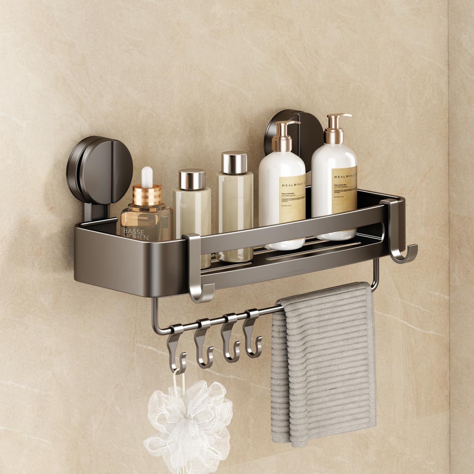Mustorn Shower Caddy Suction Cup, Adhesive Bathroom Shelves Shower Storage Wall Mounted Bathroom Caddy Stick on Shower Organiser Rack with Towel Bar & Removable Hooks(1 Pack, Grey)