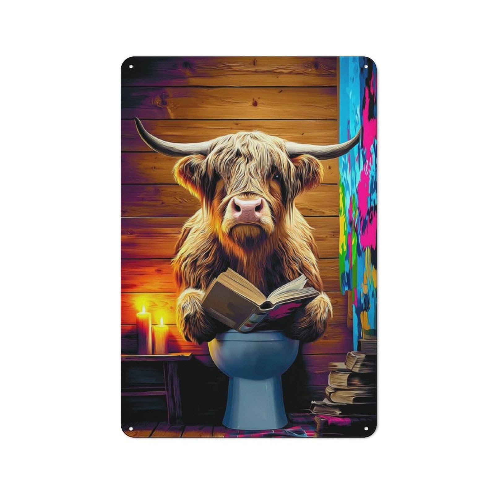 Junmoney Highland Cow Reading On The Toilet -1 Rustic Metal Sign 30X20cm For Café Or Restaurant, Suited To Café Owners And Decorators