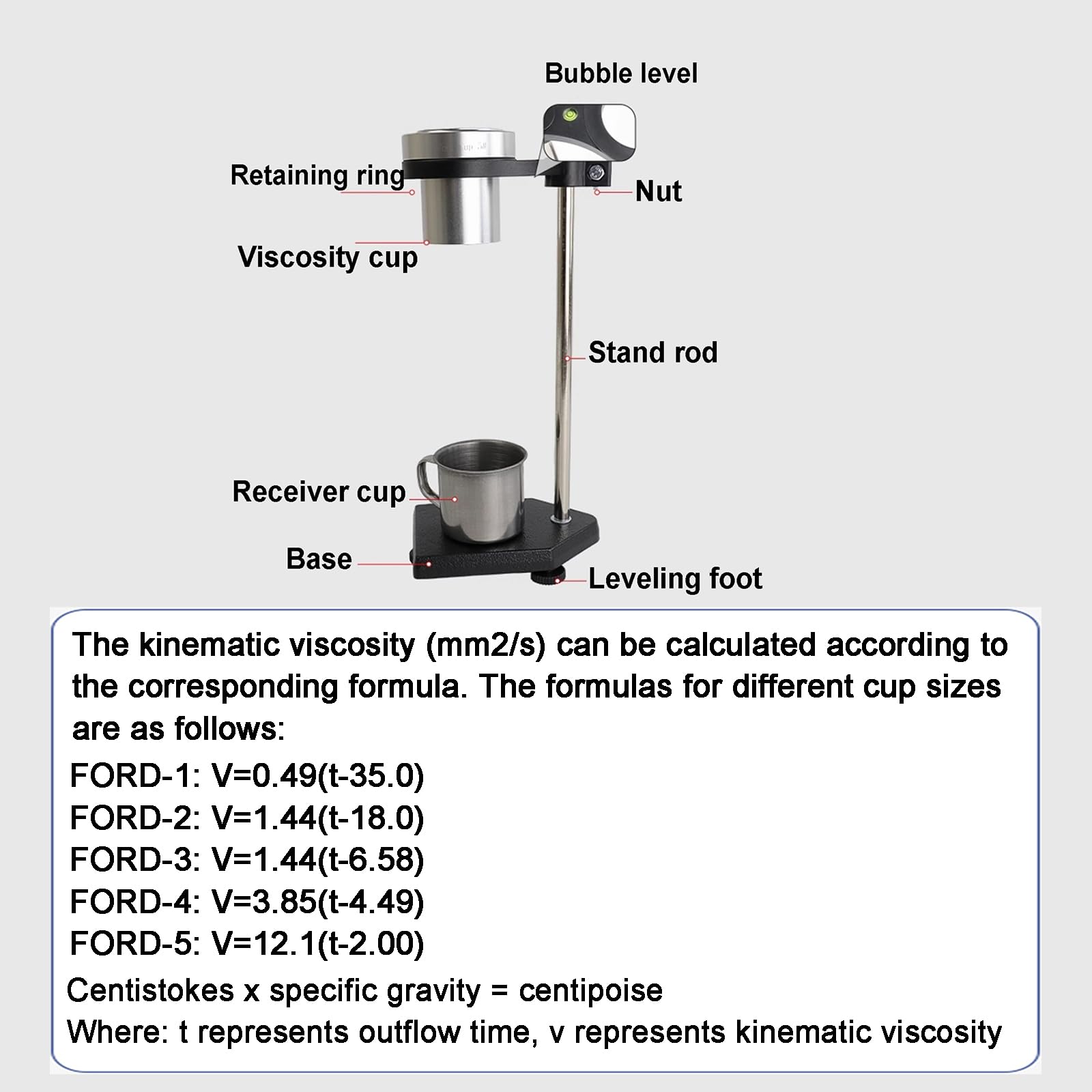 Tazza di Viscosità da Tavolo, Viscosimetro per Liquidi, Volume Tazza 100 Ml, Apertura 1,9/2,53/3,4/4,12/5,2 Mm, con Staffa di Sollevamento, Tazza Ford per Vernici, Lacche E Inchiostri