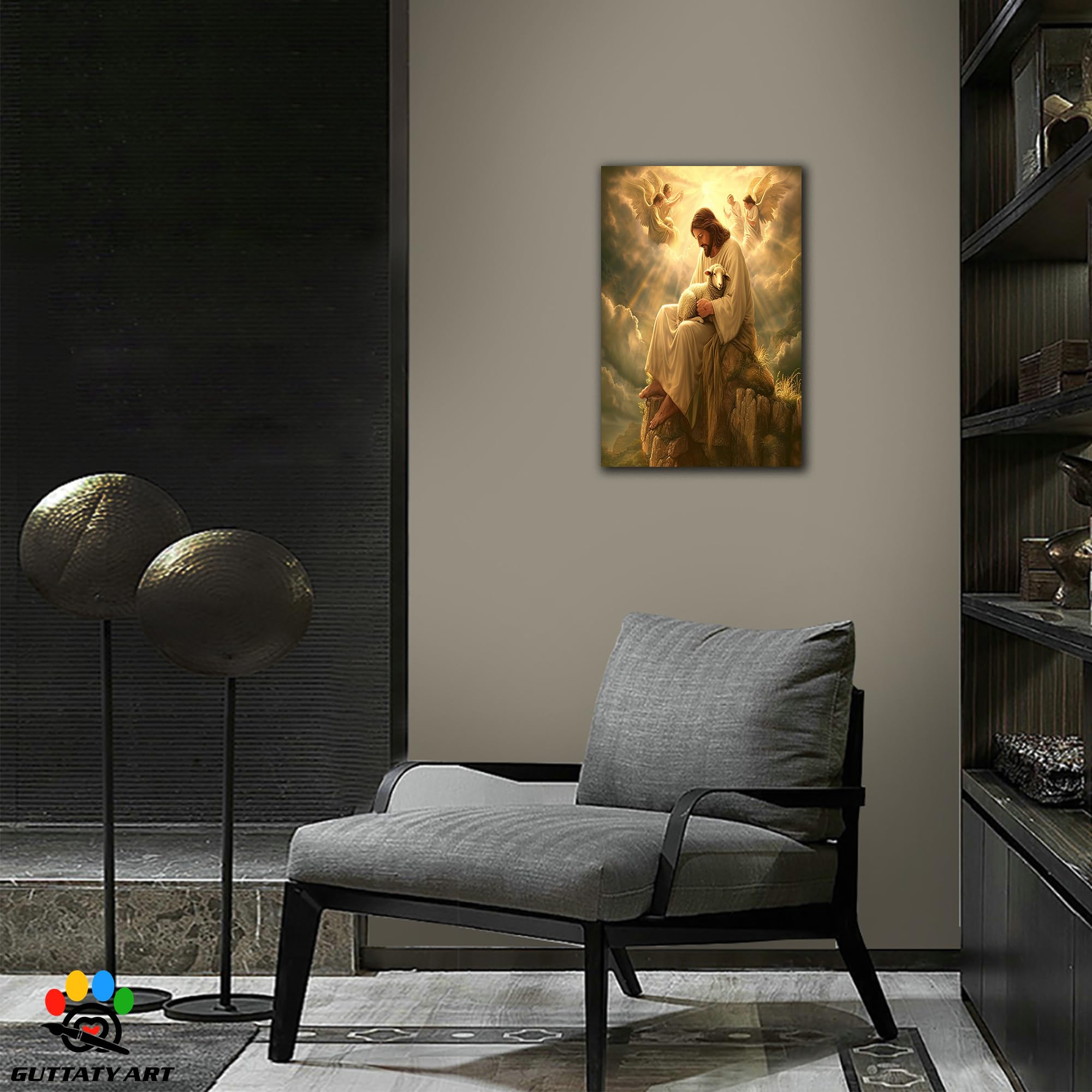 Amazon.co.jp: イエスと子羊のキャンバスウォールアート、宗教的