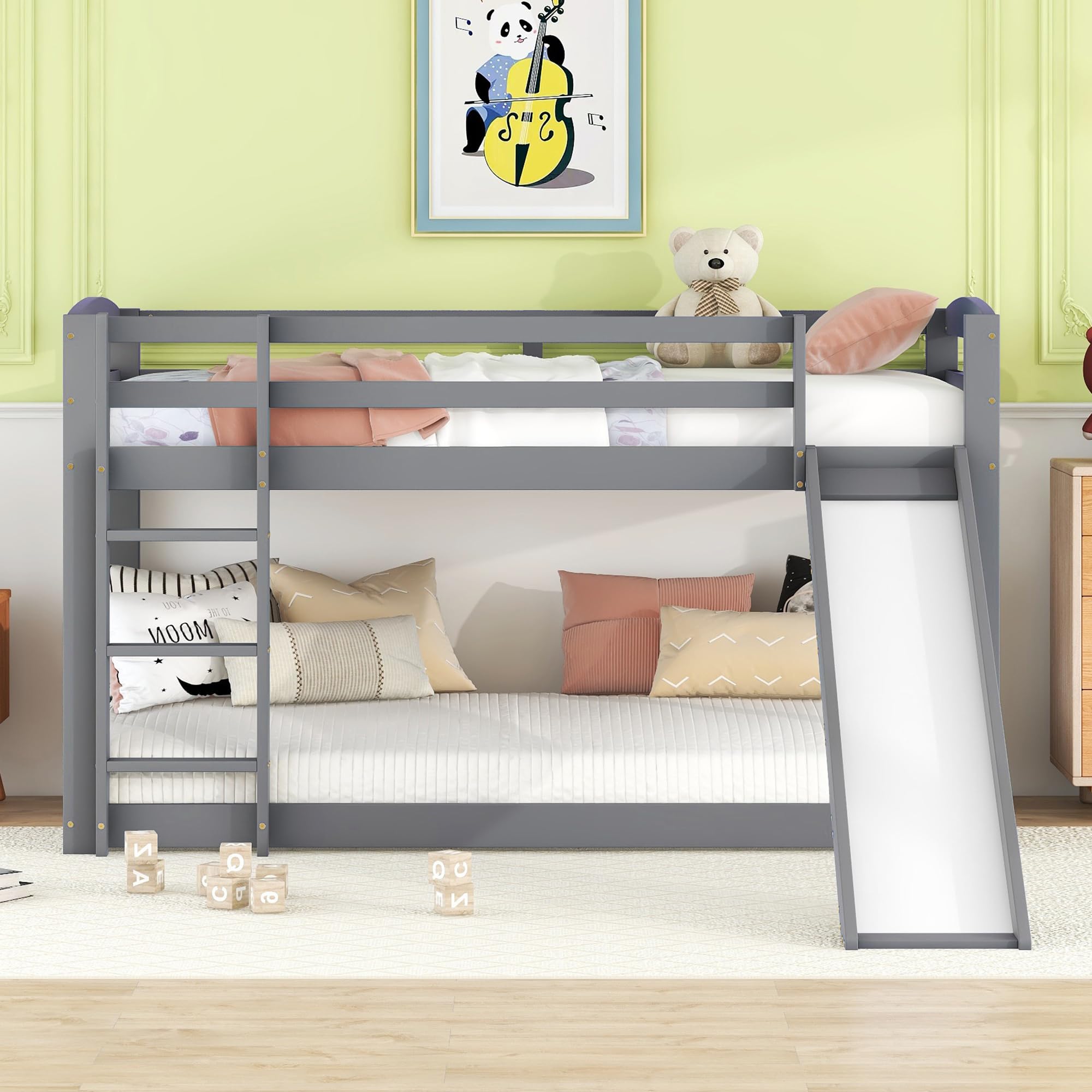 Etagenbett für Kinder und Jugendliche, Kinderbett mit Rutsche, Massivholzrahmen, einfache Montage, 90X200cm (Grau)